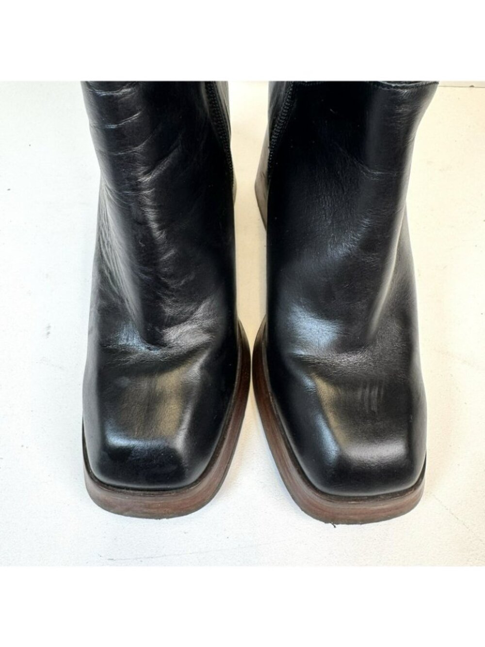 Ana Palma Mid Calf Leather Boots Black Block Heel Square Toe 90s Size 38 US 7 - Picture 3 of 12